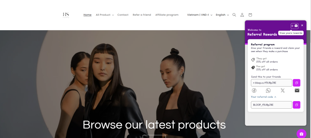 Referral link and refferal code on storefront