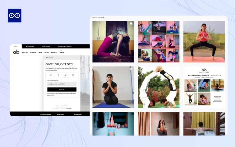 Alo Yoga partnered with influencers like Sjana Elise for Instagram features, encouraging shares of referral links offering 10% off for friends and $25 for referrers.