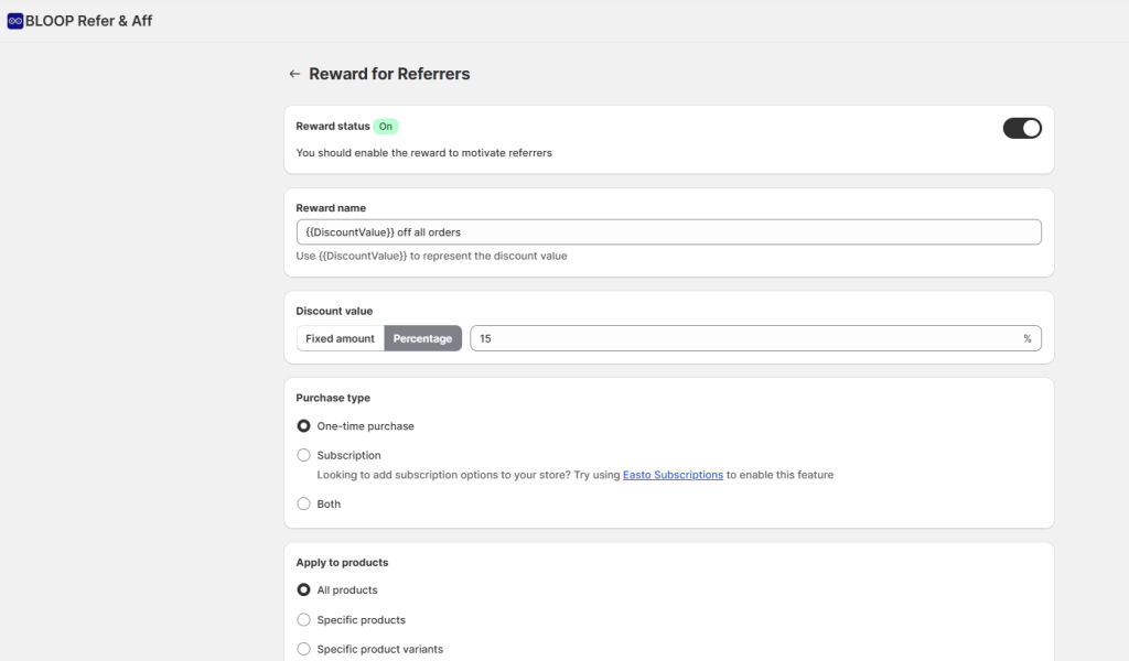 Setup rewards on Bloop