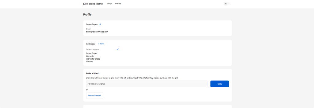 Referral message on customer account extension auto-added by Bloop
